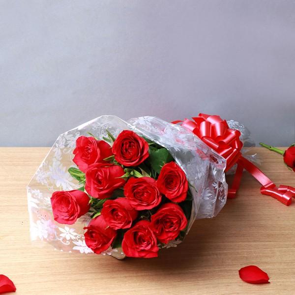 Red Roses Bouquet - 10 Red Roses - for Midnight Flower Delivery in India 