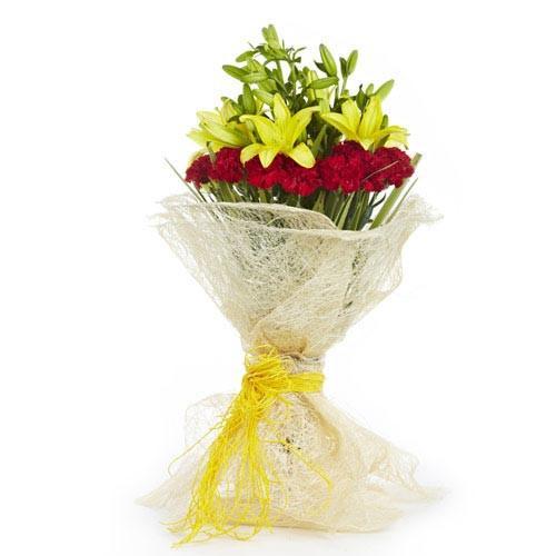 Yellow Lilies And Red Carnations - for Midnight Flower Delivery in India 