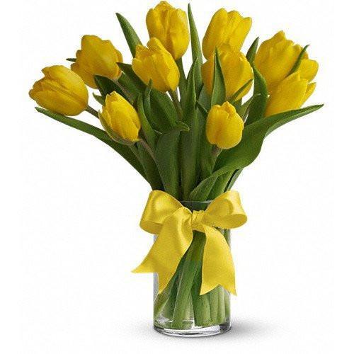 Yellow Tulips In Glass Vase